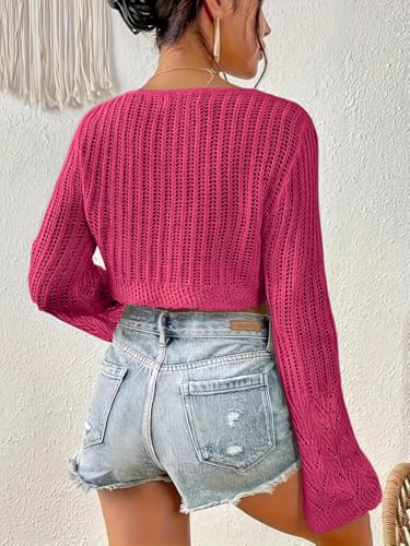 Image of Women Crochet Sweater Lightweight Cropped Summer Tops Long Sleeve Hollow Out Knit Cover Up