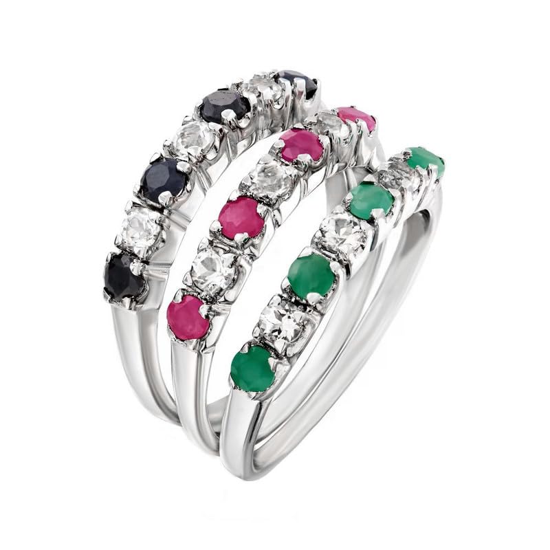 925 Sterling Silver Ruby Emerald Sapphire 3 Ring Set Eternity Band Gift For Her Silver Jewelry Women Ring