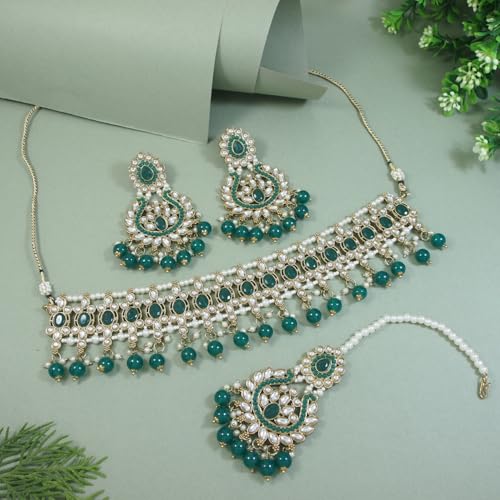 Image of I Jewels Gold Plated Traditional Kundan Pearl Drop Choker Necklace Jewellery With Earrings & Maang Tikka Set For Women /Girls