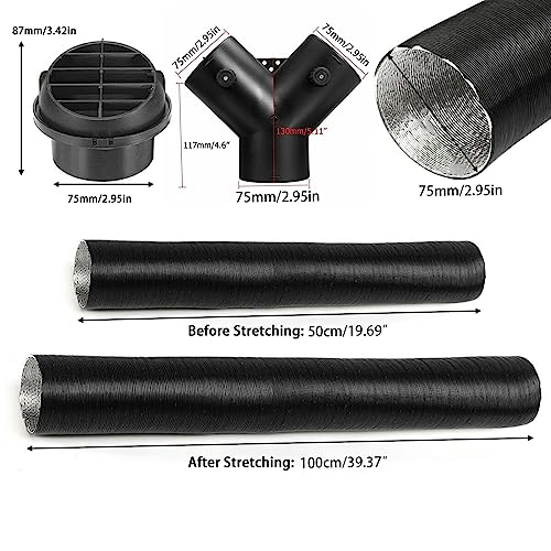 75mm Diesel Heater Duct Pipe Kit, ZDHQLHJ Diesel Parking Heater Set, Exhaust Pipe, 3-Way Y Shape Splitter Ducting Connector with Adjustable Valves, Car Heater Duct Warm Air Outlet Vent