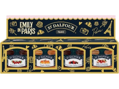St Dalfour Emily in Paris Mini Fruchtaufstrich Probierset: Erdbeere Himbeere Heidelbeere Aprikose 4 x 28g ohne Zuckerzusatz 100% Frucht