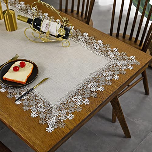 Cotton Linen Tablecloth 23 X 47 Inches Rectangular Lace Flower Embroidery Grey Table Cover For Coffee Table Kitchen Living Room Party Decoration #TOP2