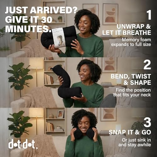 Image of Dot&Dot Twist Memory Foam Travel Pillow for Airplanes - Travel Neck Pillow for Sleeping - Airplane Pillow for Neck Support, Chin, Lumbar and Leg - Adjustable, Bendable Neck Roll Pillow (Onyx)