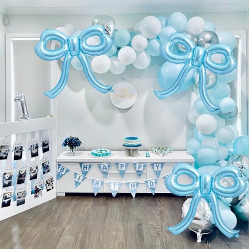 Image of 4 Pcs Blue Bow Balloons Bow Birthday Party Decorations for Girl Women Bow Decor Blue Birthday Decorations Giant Light Blue Balloons for Baby Shower Bridal Bachelorette Party Supplies