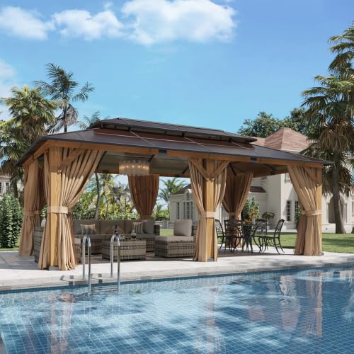 Image of Aoxun 12' x 20' Outdoor Wood Gazebo with Double Polycarbonate Top, Hardtop Gazebo Permanent Wooden Pavilion with Breathable Netting and Privacy Curtain for Patio, Garden, Deck, Cedar Wood, Natural