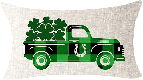 ITFRO Irish Blessing Happy St Patricks Day Shamrocks Clovers Car GreenBuffalo Plaid Lumbar, funda de cojín de lino y algodón a cuadros para sofá,