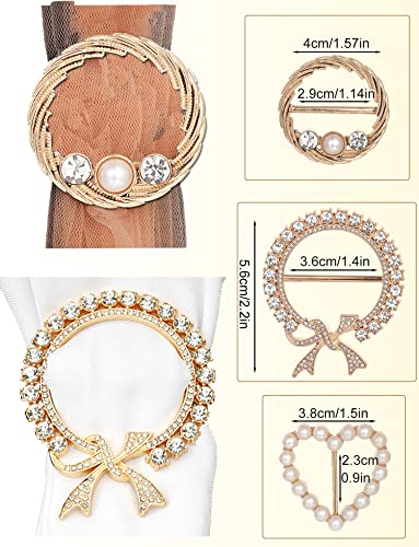 Image of 9Pcs Scarf Clips T-shirt Tie Ring Buckle Heart Circle Shaped CZ Pearl Bow Tie Rhinestone Twist Knotted Clothes Corner Button Waist Cincher Clasp for Women Men