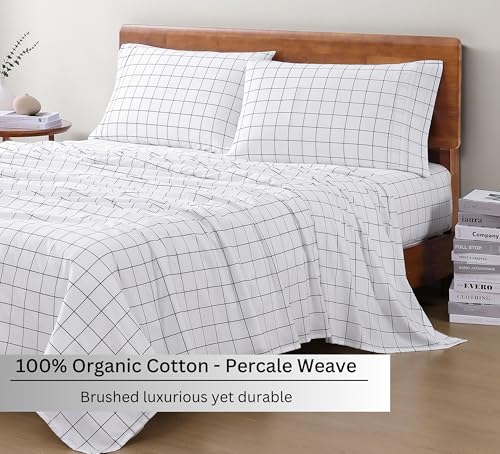 Image of LANE LINEN 100% Organic Cotton King Size Sheets Set, Soft Breathable Sheets Percale Weave, All Season Machine Washable Hotel-Quality Mercerized Fully Elasticized Printed King Sheet Set - Windowpane