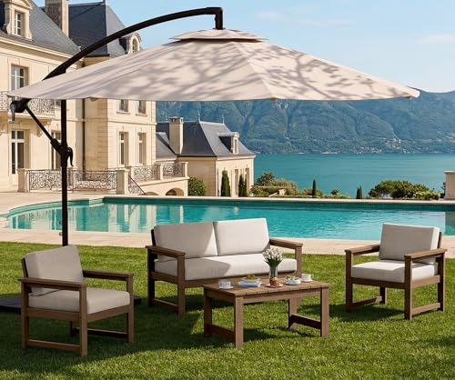 Image of SERWALL 4 Pieces HDPE Outdoor Sofa Set with 10FT Patio Umbrella, All Weather Use Loveseat Furniture Sofa Set, Outdoor Conversation Couch with Coffee Table for Patio, Brown Frame /Khaki Cushion
