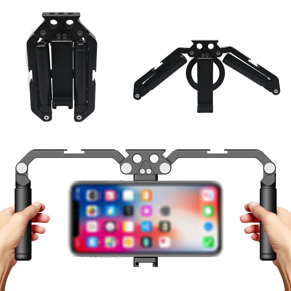 Supporto doppio stabilizzatore in metallo per smartphone, gabbia universale per fotografia per treppiede, morsetto e anello magnetico, supporto per 2 cellulari riprese video verticali e orizzontali