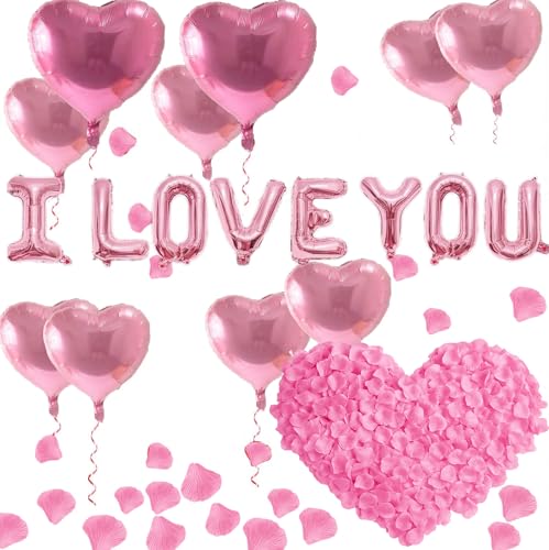 I Love You Balloons and Heart Balloons with 500 Pieces Rose Petals Pink Mylar Love Balloons for Him/Her Wedding Anniversary Engagement Valentine Day Romantic Decorations Special Night Party Supplies