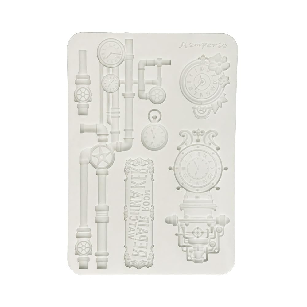 Stamperia - Silicon Mould A5 for Scrapbooks, Bullet Journals and More, Non-Stick Surface, Suitable for Air-Dry Clay, Resin and More, Perfect for Crafts and Gifting (Gardens of Time, Clocks and Tubes)