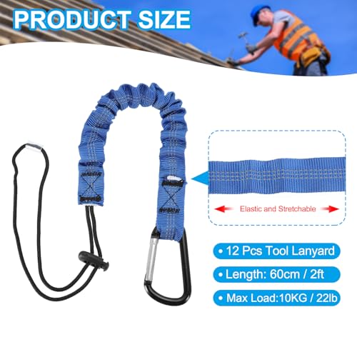 Image of MECCANIXITY Retractable Tool Lanyard 2ft with Single Aluminum Buckle and Adjustable Loop End, Maximum Weight Limit 10KG / 22lb, Safety Fall Protection Tools Leash, Blue 12 Pack
