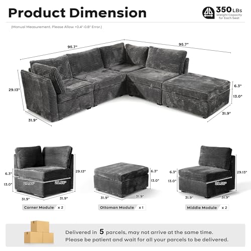 Image of ovios Modular Sectional Sofa Couch with L-Shape Chaise Ottoman, Comfy Plush Corduroy Cloud Couches, Modern Luxury Deep Seat Sofas Set for Living Room, 5-Seater, Grey