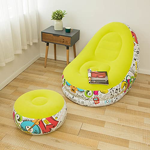 Image of Primechoice Pu, Plastic Inflatable Lounge Chair with Footrest 2-in-1 Air Sofa for Adults, Folding Portable Lazy Recliner with Pump for Indoor Living Room, Office, Outdoor Camping (Graffiti Yellow)