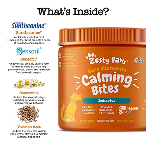 Zesty Paws Calming Dog Treats | Calming Treats for Dogs | Supports Relaxation, Helps Stress & Separation Anxiety | Ashwagandha, Green Tea & L-Tryptophan (90 Count, Turkey (US)) - Image 4