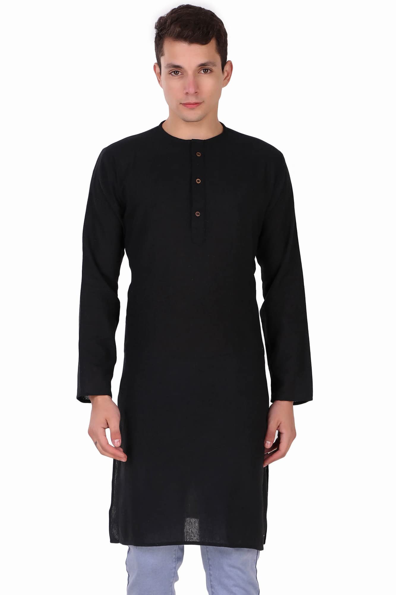 Men's Handloom Cotton Solid Round Neck Kurta Long Sleeves Knee Length Casual Shirt