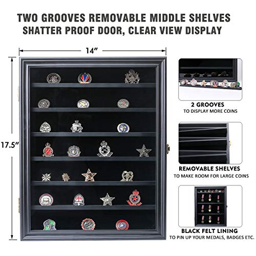Military Challenge Coin Display Case Lockable Wood Cabinet Rack Holder Black Shadow Box with Removable 2 Grooves Shelves and Anti Fade Real Glass Door for Casino Poker Chips Collectibles by Snail - Image 2