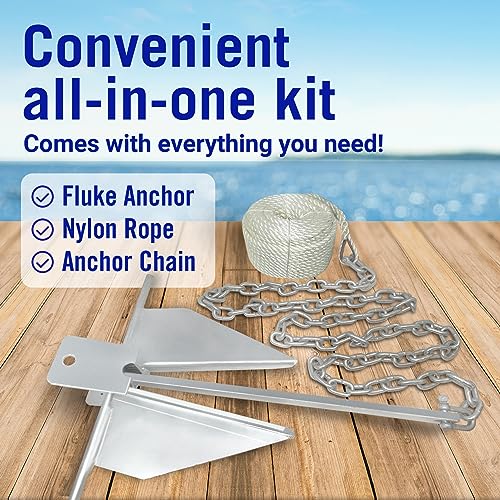 Image of Boat Anchor Kit with Rope and Chain, Heavy Duty Fluke Anchor for Boats | Hot Dip Galvanized Steel, Pontoon Sailboat Fishing Deck, Multiple Sizes, Better Boat