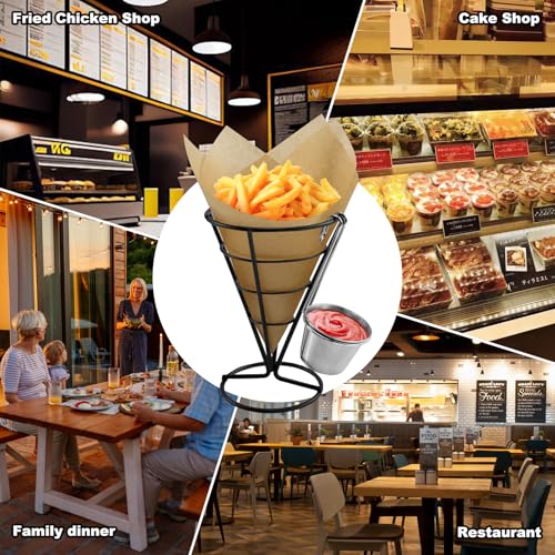 CNQLIS 4-Pack Black French Fry Rack, French Cone Fry Basket with Sauce Cup, Wire Design, Suitable for ice Cream Stand, Buffet Dinner and Family Gathering