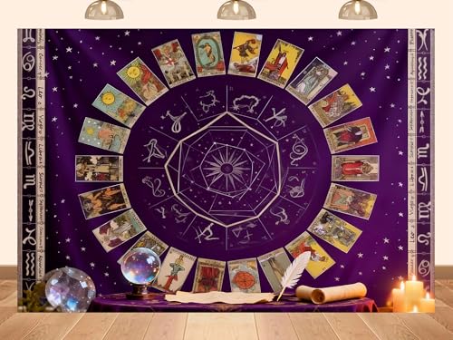 PEKRU 6x6ft Fabric Purple Tarot Table Backdrop Crystal Ball Candle Background for Tarot Reading Psychic Party Decorations Photo Shoot Studio Props