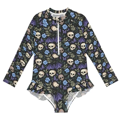 Skull Bat Flower Girls Long Sleeve Rashguard Swimsuit UV Protection One-Piece Swimwear Bathing Suit B0404417