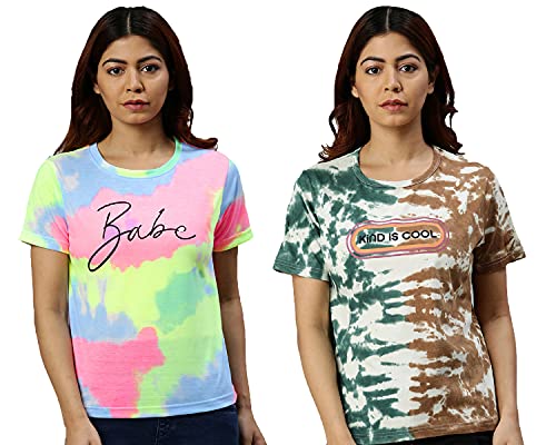 Image of JUNEBERRY Cotton Tie Dye Combo T-Shirt for Women /Girls(PO2 JB Babe-Kind XXXL Green XXX-Large)-Pack of 2