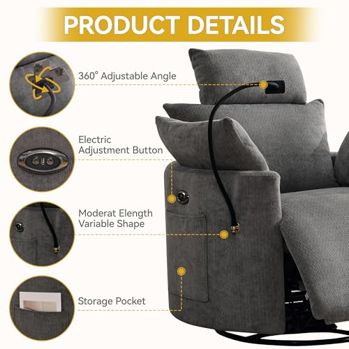 Image of Power Recliner Chairs, 360 Swivel Rocking Chair Nursery with USB /Type-C & Phone Holder, Gilder Reclining Chair with Side Pocket for Adults, Barrel Recliners for Living Room, Chenille Dark Grey