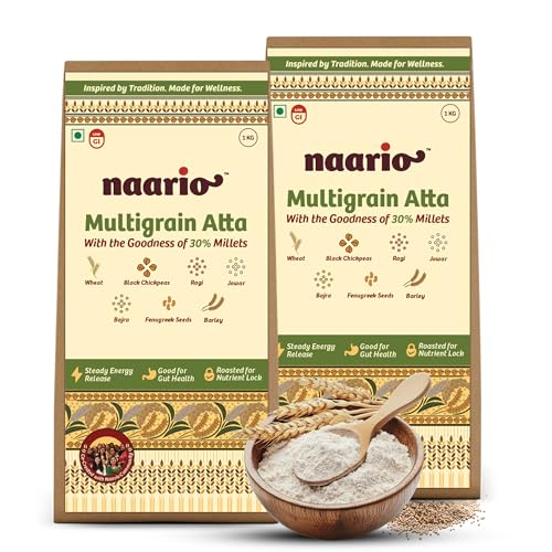 Image of Naario Multigrain Atta | 40% More Fibre Per Roti vs Wheat | Low GI | Diabetic Friendly | 30%+ Millets | Methi Dana for Blood Sugar | 7 Grains Roasted Atta | No Maida | 2kg