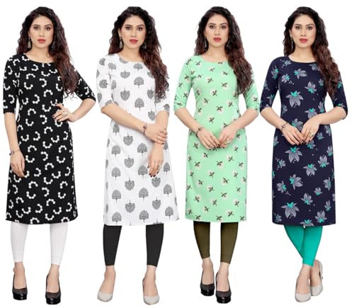Image of JAKHANA Women's Crepe Printed Casual Straight Calf Length Round Nick Kurta Pack of 4