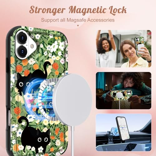 Coque iPhone 17 MagSafe magnétique robuste motif chat et fleurs - 3
