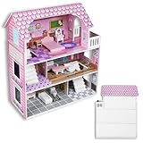 SUBTLETY Puppenhäuser aus MDF Puppenhaus Holz mit 10 Möbeln und Zubehör Dreistöckiges Dollhouse Traumvilla 60x27x70cm Traumhaus Spielzeug mit Schlafzimmer Balkon Treppe für Kinder ab 3 Jahren (Typ A)