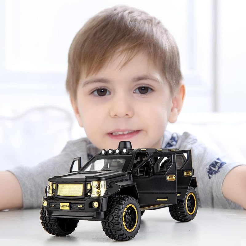 Image of Kids Model 1:24 Pattong Die Cast Metal Car Pull Back Action Opening Doors with Realistic Engine Sound Lights Toy Car Gift for Boys - Black
