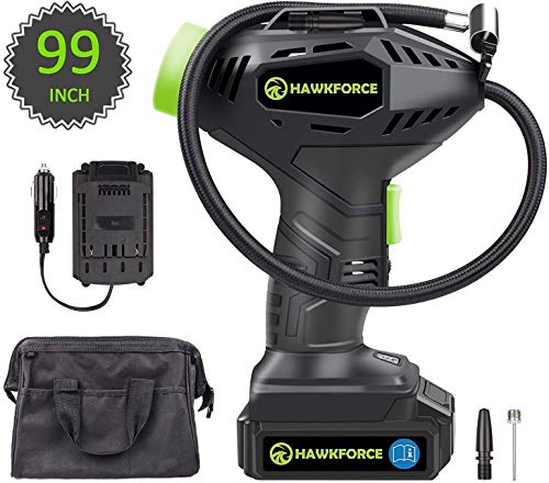 HAWKFORCE Tire Inflator Air Compressor, Cordless Portable Car Tire Air Pump with Easy to Read Digital Pressure Gauge, Built-in LED Light, Long Length 99 Inches Car Charger,Tool Bag