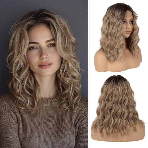 16 Inch Medium Length Wavy Ombre Ash Blonde Synthetic Wig with Adjustable Bands for Women – Natural Middle Part Design for Daily Wear, Parties, or Halloween