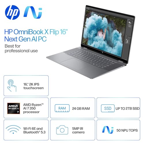 2025 New Envy x360 2-in-1 Laptop, OmniBook X Flip 16" Touchscreen 2K IPS Display, AMD Ryzen AI 7 350, 24GB LPDDR5X RAM, 2TB Gen 4 SSD, Copilot AI, WiFi 6E, PDG HDMI Cable, US Version KB, Win 11 Pro - Notebook - Immagine 1