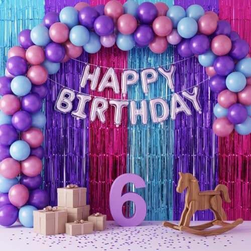 Image of TONIFUL 2Pcs Blue Purple Pink Metallic Tinsel Foil Fringe Curtain Streamer | 3.3ftx6.6ft Photo Booth Backdrop Door Streamer for Sweet 16 Baby Shower Easter Princess Themed Birthday Party Decorations