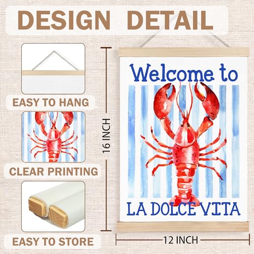 Image of PQKIY Summer Coastal Red Lobster Wall Art Poster Hanger Frame 12x16 in, Watercolor Nautical Beach Seafood Blue Striped Aesthetic Wall Decor Canvas Prints for Home Kitchen Dining Room Party