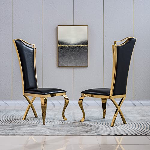 Mcltopz Dining Chair Set of 2, Modern Luxury Dining Room Chairs, Leatherette Black Dining Chairs with Golden Harp Backrest and Stainless Steel Legs, High Back Armless Side Chair Dining Chairs