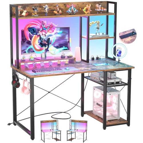 Image of Cyclysio Gaming Desk with Hutch, 39'' Computer Desk with LED Lights & Power Outlets, Home Office Desk with Reversible 5 Tiers Storage Shelves & Monitor Stand, Small Gaming Table for Small Space,Rustic