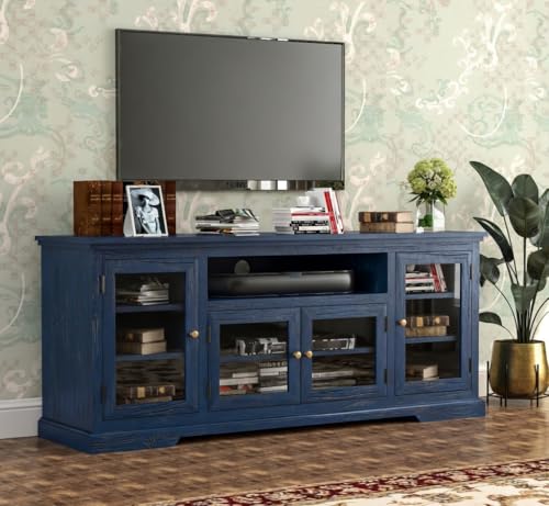 Image of Sheesham Solid Wood TV Cabinet for Living Room | Handcrafted Wooden TV Unit with Storage | Elegant Entertainment Stand for Modern Homes (Glass Tv Cabinet, Rustic Blue)