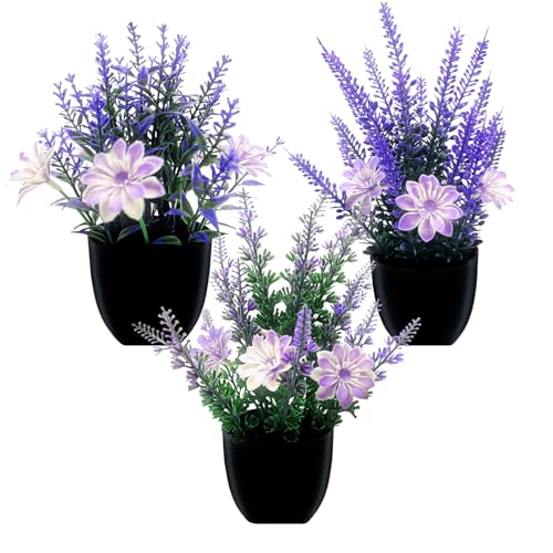 BUERPINKING 3 Stück Künstliche Blumen im Topf, Kunstblumen Kunstpflanze Klein mit Topf Lavendel Pflanzen Dekor Kunststoff Pflanzen Indoor Dekor für...