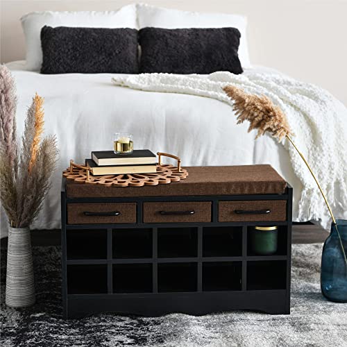Household-Essentials-Entryway-Storage-Bench-with-3-Brown-Drawers-10-Shoe-Compartments-and-Cushioned-Seat-in-Black-Oak-Wood-Grain Household Essentials Entryway Storage Bench with 3 Brown Drawers 10 Shoe Compartments and Cushioned Seat in Black Oak Wood Grain