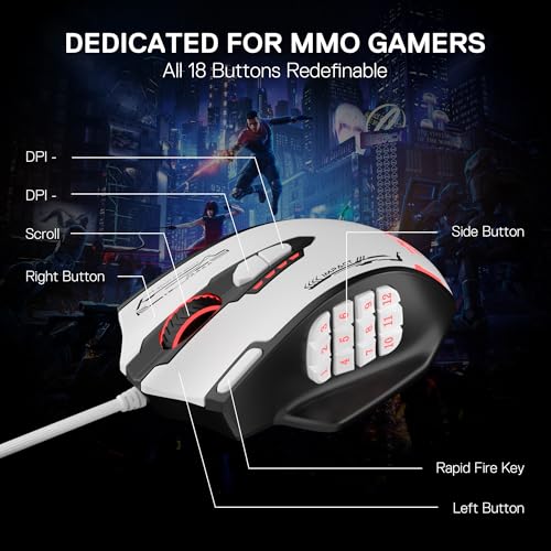 Image of Redragon M908 Impact RGB MMO Gaming Mouse, Optical Wired Ergonomic Mouse with Max 24,000 DPI, High Precision, 18 Programmable Macro Shortcuts, Comfort Grip, Black & White