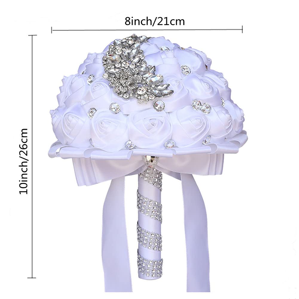 Handgefertigte Hochzeitssträuße für Braut, Brautjungfer, Brosche, künstlicher Blumenstrauß zum Werfen (weiß, 21 cm, 1 Stück)