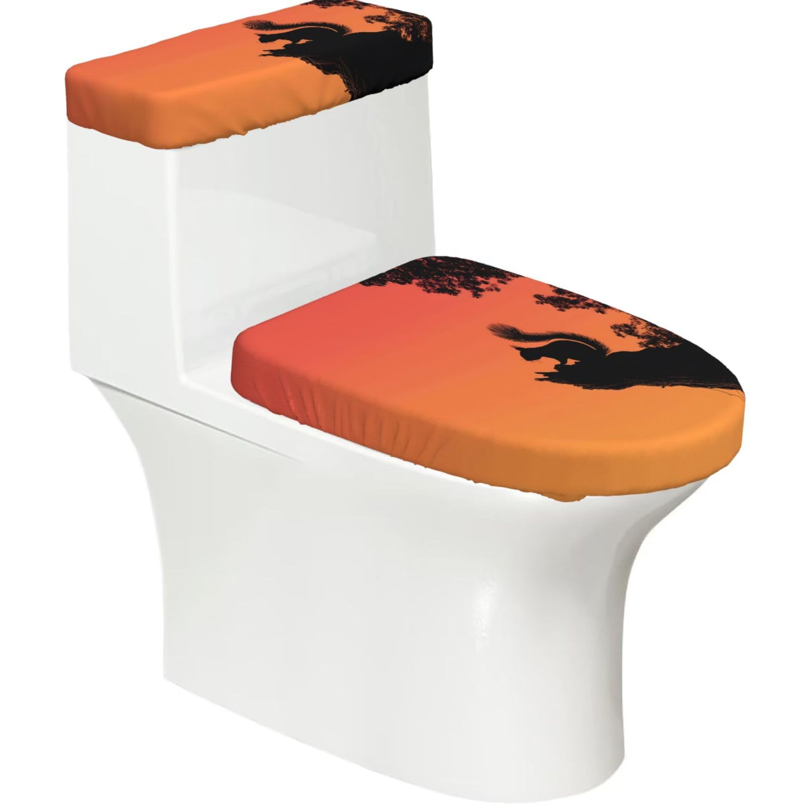 Wzycwb Black Sunset Squirrel 2-Piece Toilet Seat Cover Set With Tank Lid, Elastic Fit For U-Shape & Elongated Toilets, Bathroom Decor, Housewarming Gift