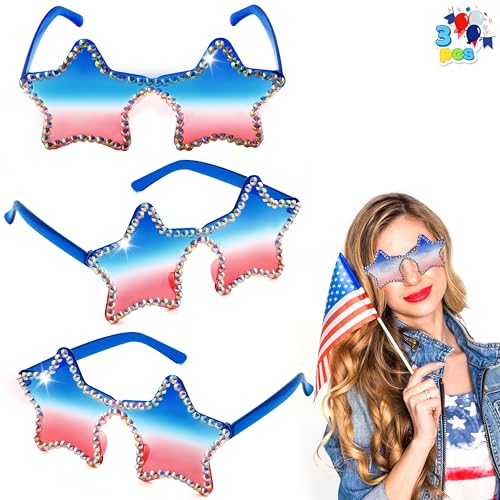 JOYIN 3 Pcs 4th of July Star Shaped Sunglasses, Red White Blue American Sunglasses with Rhinestoned Rim, Patriotic Eyewear for Women, Memorial Fourth of July Independence Day Party Parade Accessory - Main Image