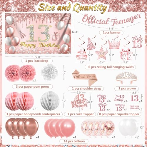 Image of 13th Birthday Decorations for Girls, 13 Birthday Girl Decorations include Official Teenager Decorations Banner, Backdrop, Hanging Swirls, Balloons, Paper Pompoms, Crown And Sash
