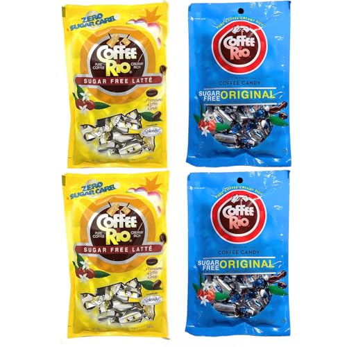 Coffee Rio Sugar Free Latté and Original Coffee Candy, Variety Pack of 4 (3 oz Each) - Individually Wrapped Sugar Free Hard Candies Blended w/Fresh Dairy Cream - Kosher Certified Zero Sugar Candies