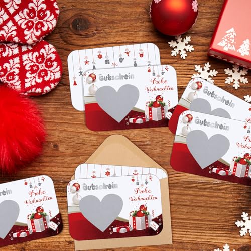 Clabby 12 Weihnachtsgutschein Rubbelkarte 12 Umschläge aus Kraftpapier 12 Rubbelaufkleber Gewinnendes Rubbellos Herzförmige Rubbelkarte Weihnachten Geburtstagsparty Zubehör Urlaubsaktivitäten